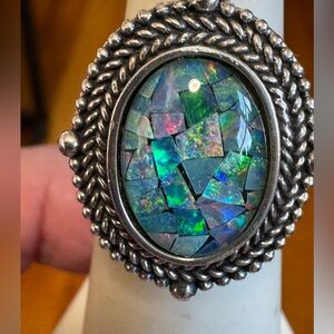 925 Vintage Mosaic Opal Bezel Set Ring